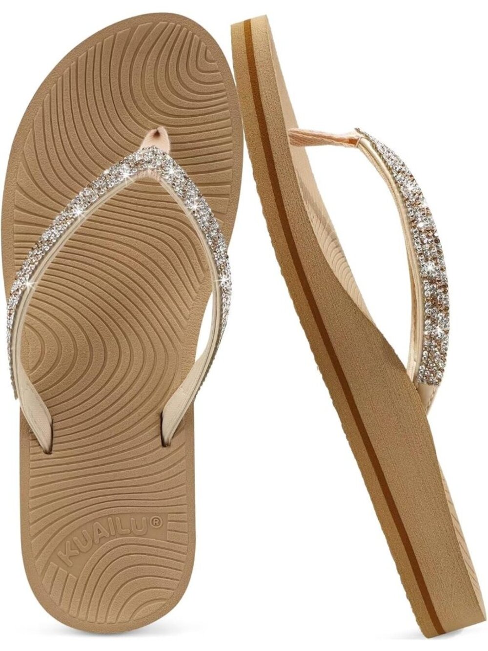 Women's  Beige Rhinestone Flip Flops Arch Support Yoga Mat Cushion Sandals